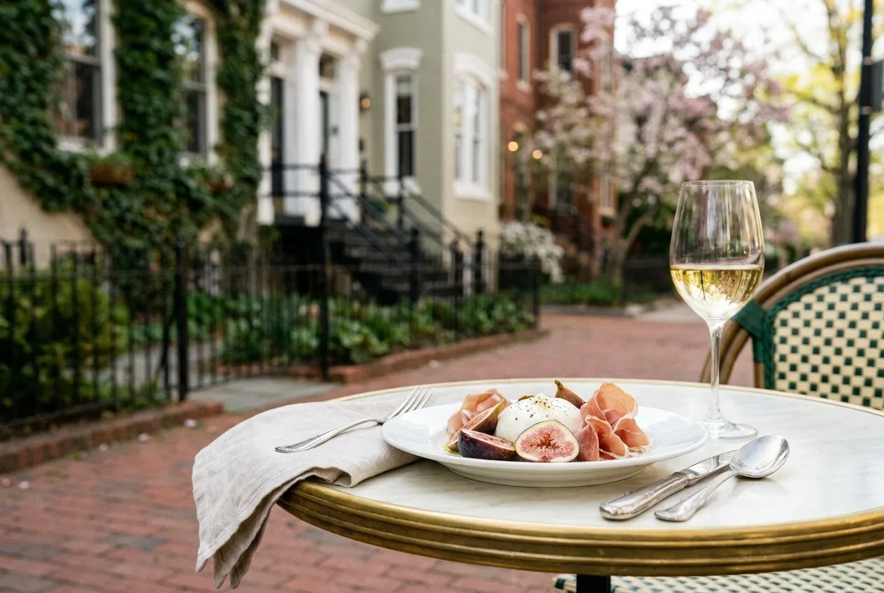 An elegant small plate on a cafe table along a Georgetown brick sidewalk