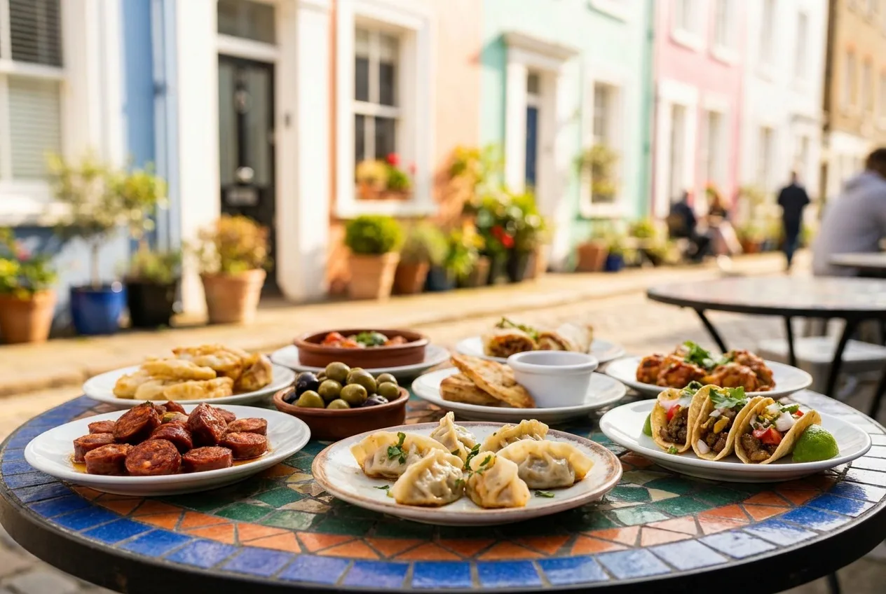 An international tapas spread on a colorful cafe table in a lively rowhouse neighborhood