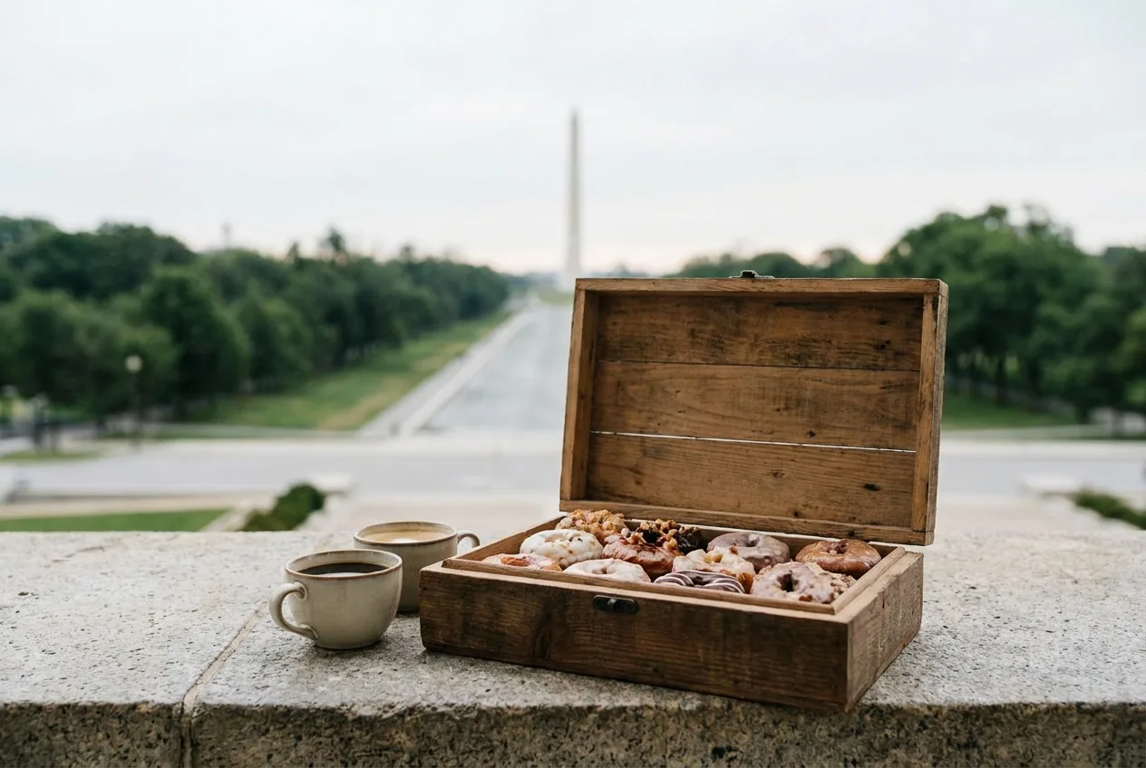 Artisan donuts boxed beside coffee with the Washington Monument small in the far background