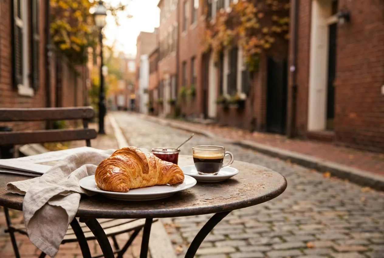 Buttery croissants and espresso on a bistro table on a cobblestone Georgetown lane in morning light