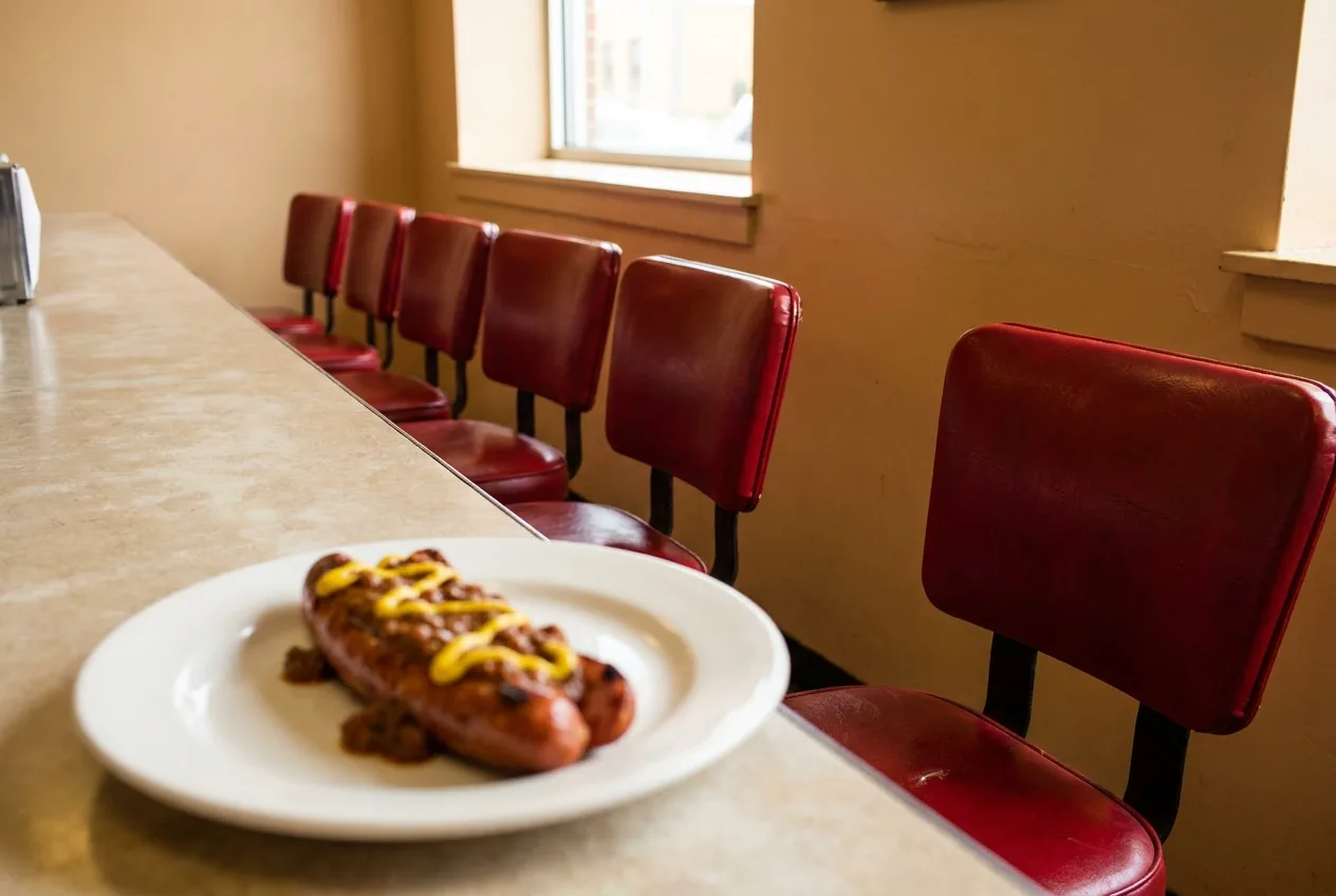 A half-smoke sausage with chili and mustard at a classic lunch counter