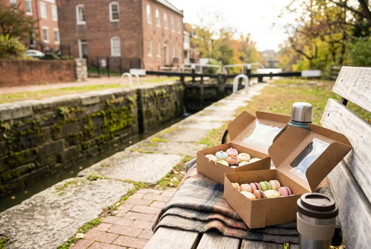 Cupcakes and macarons in open boxes on a bench beside a Georgetown canal lock