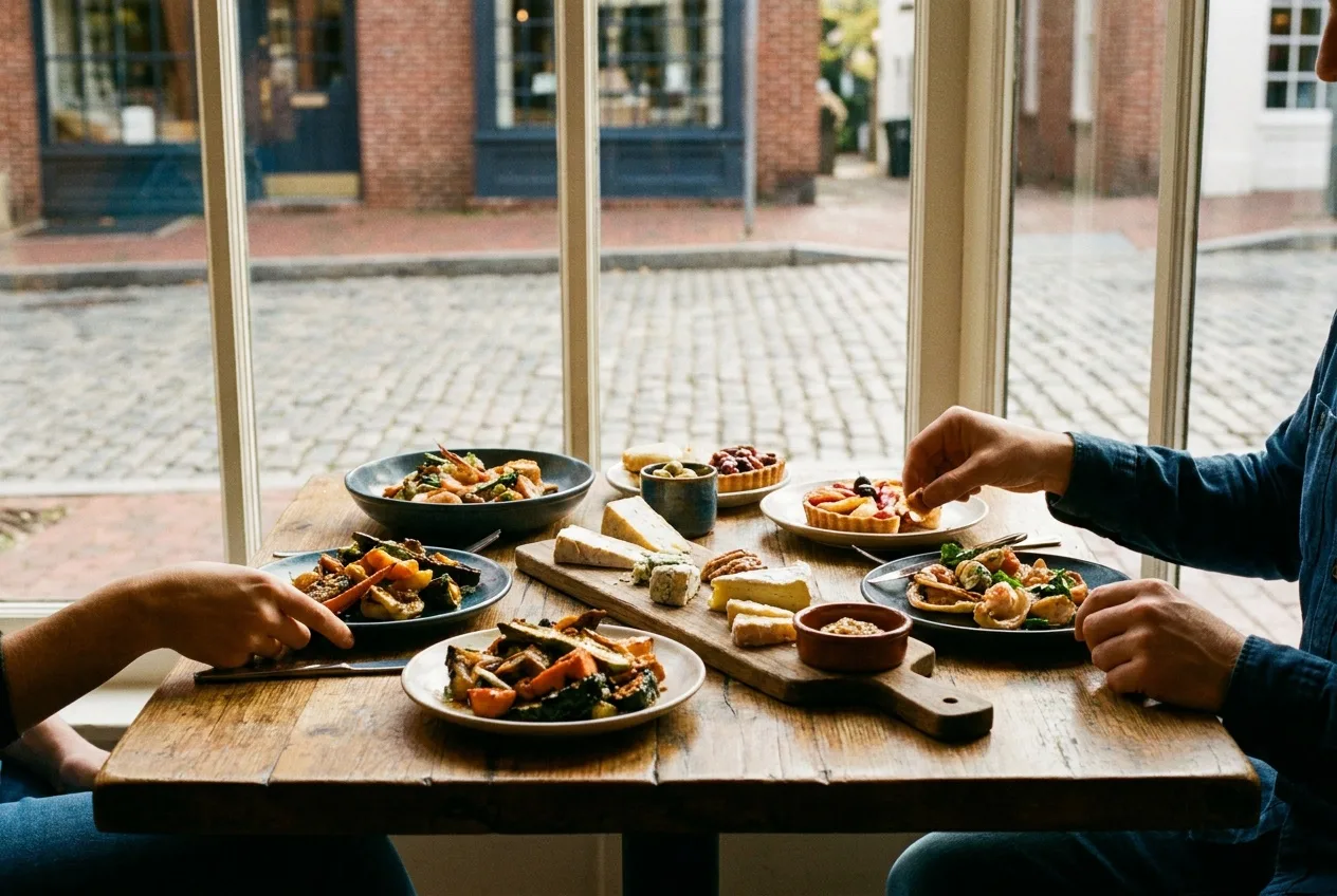 A small-group tasting table with seasonal plates in a bright Georgetown bistro