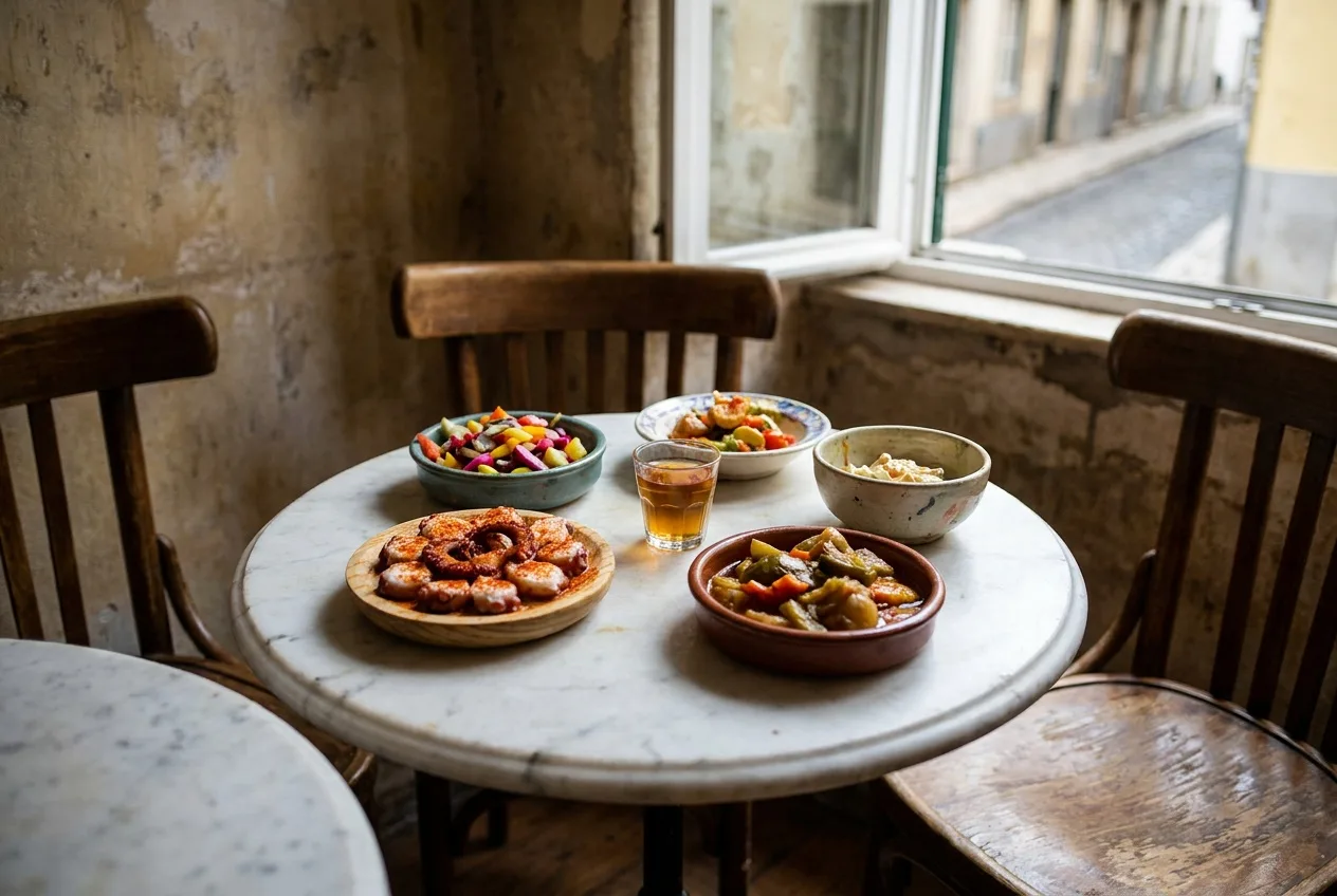 Six varied tasting dishes crowded onto a small marble table in a tucked-away city eatery