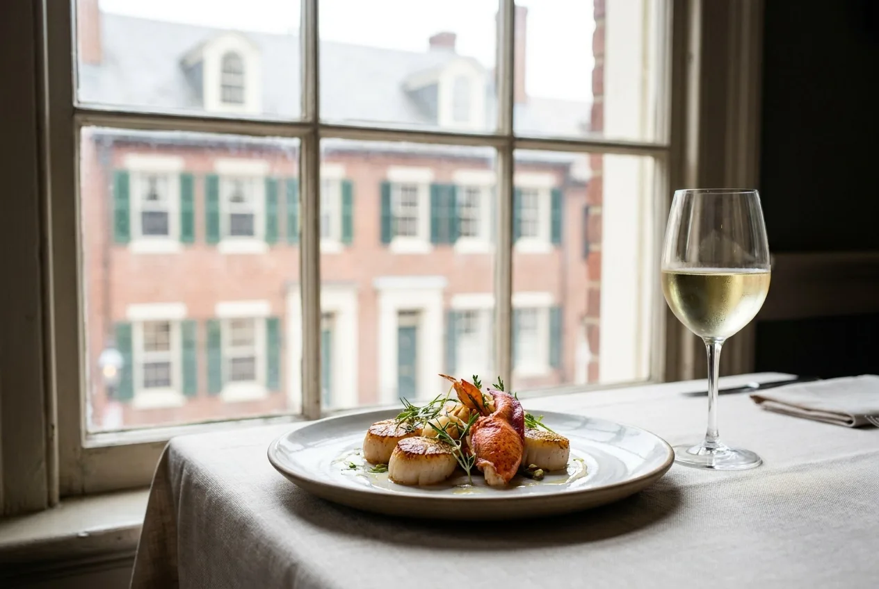 A refined seafood plate with white wine on a white-cloth table