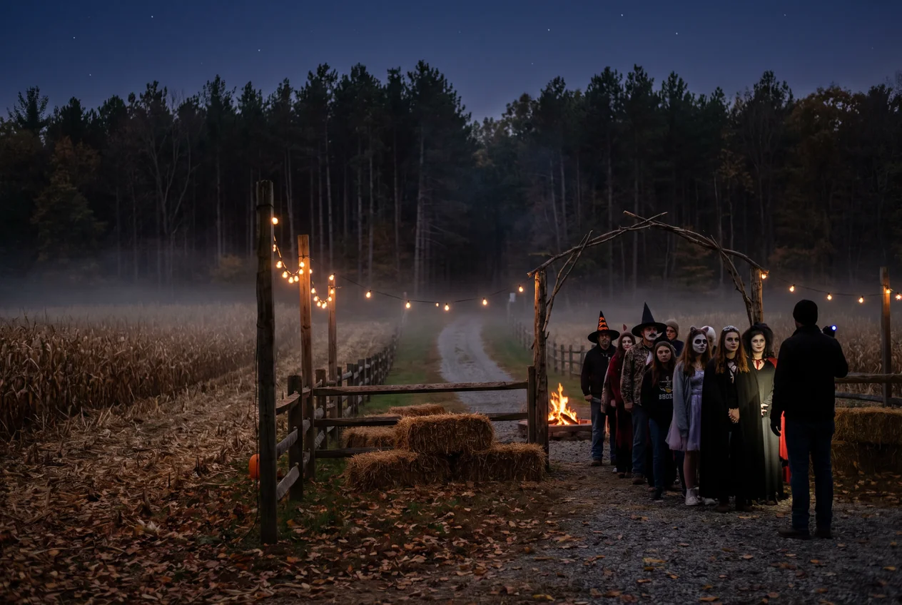 Costumed visitors waiting at night at the entrance to a haunted trail between a cornfield and a dark stand of trees, fog and orange firelight across the field