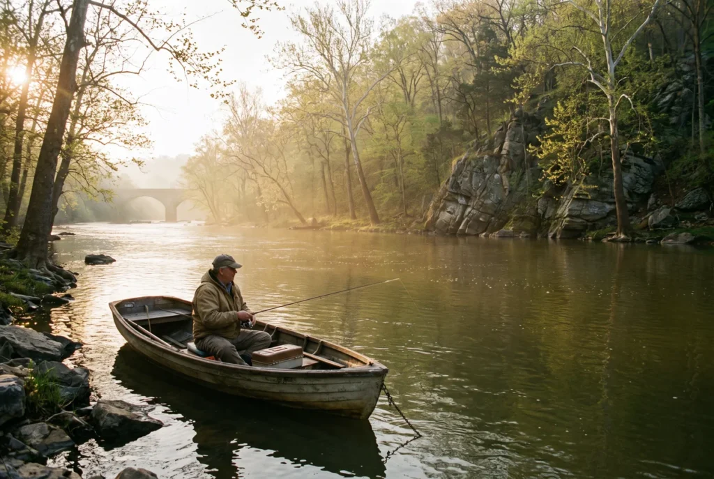 An angler in a wooden rowboat on the Potomac at Fletcher's Cove at sunrise, rod out, the wooded Virginia palisades across the river and Chain Bridge upstream