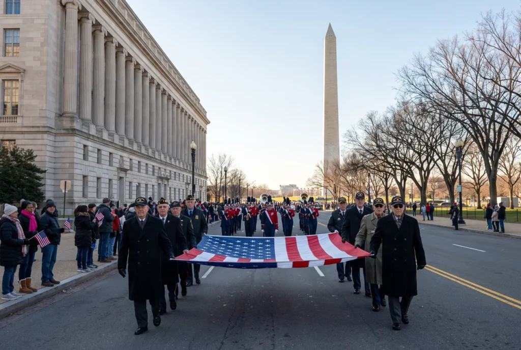 Veterans in unit ball caps marching west along Constitution Avenue in Washington on a clear November day, the Washington Monument behind them and spectators with small American flags on the kerb